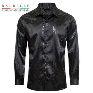 Men's Fashion Satin Dress Shirt - Baldelli-2042 Black Meander and Tiger Overlay